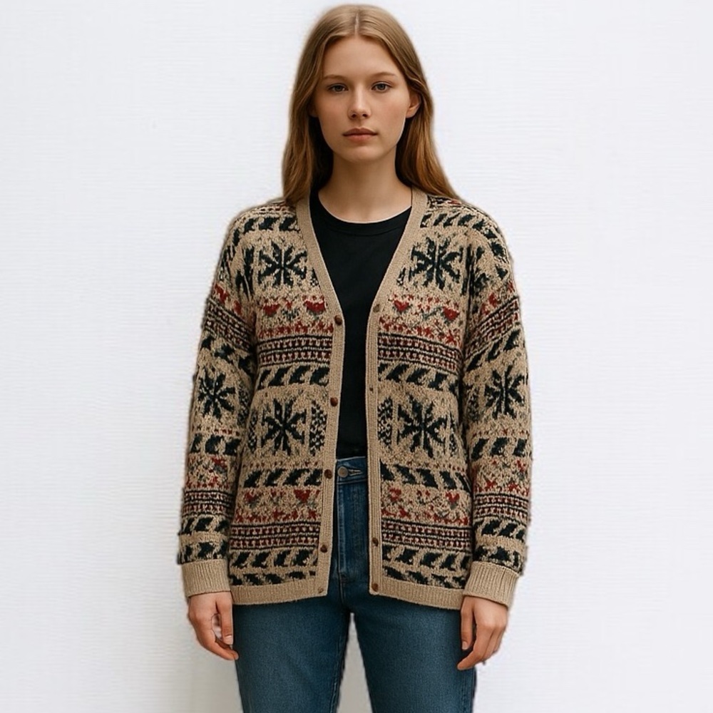 Vintage Jacob 100% Wool Button Front Cardigan in Nordic Style Pattern | Size M - Picture 1 of 10